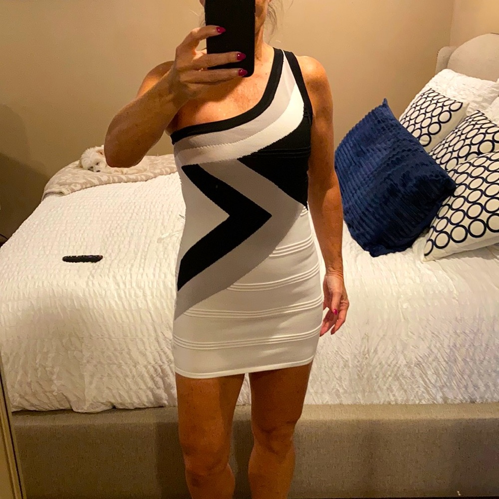 Black, white and grey one shoulder mini dress
